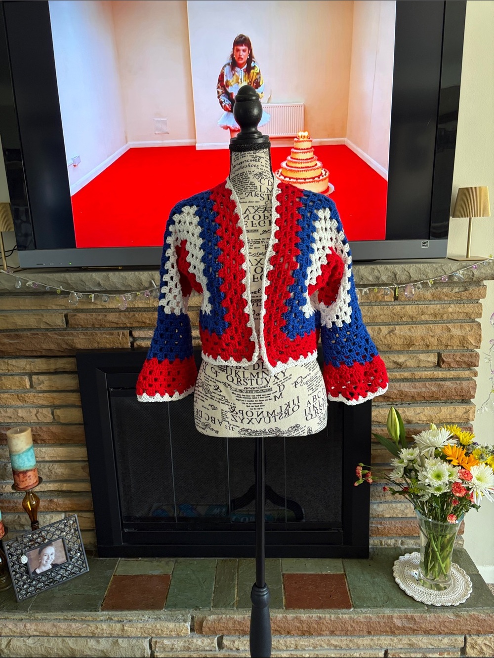 Crochet Open-Front Blue White Red Women's Sweater